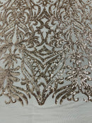 Rose Gold Sequin Fabric - by the yard - On Mesh 4 Way Stretch, Damask Design Sequins