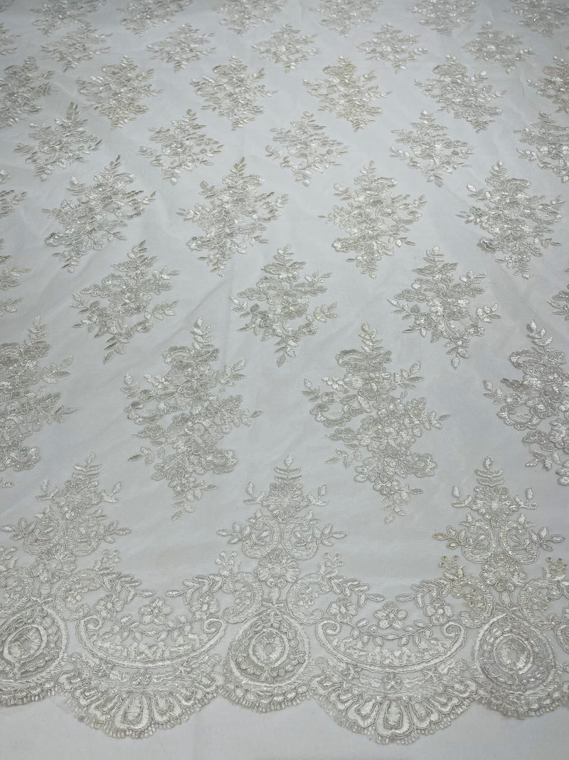 White Floral Lace Fabric - by the yard - Corded Flower Embroidery Design With Sequins on a Mesh