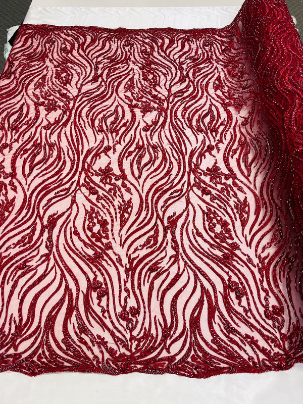 Burgundy Beaded Fabric - by the yard - Fancy Embroidered Zebra Design with Beads on Mesh Fabric