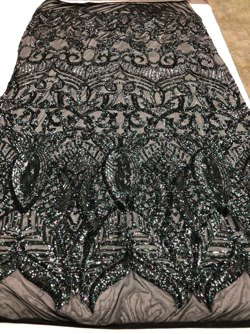 Iridescent Black 4 Way Stretch - Sequins Damask Design Fabric Embroidered On Mesh Sold By The Yard