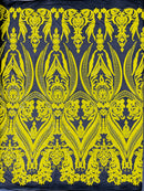 Big Damask Sequins Fabric - Yellow on Black - 4 Way Stretch Damask Sequins Design Fabric By Yard