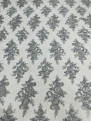 Silver Floral Lace Fabric by the yard Corded Flower Embroidery Design With Sequins on a Mesh