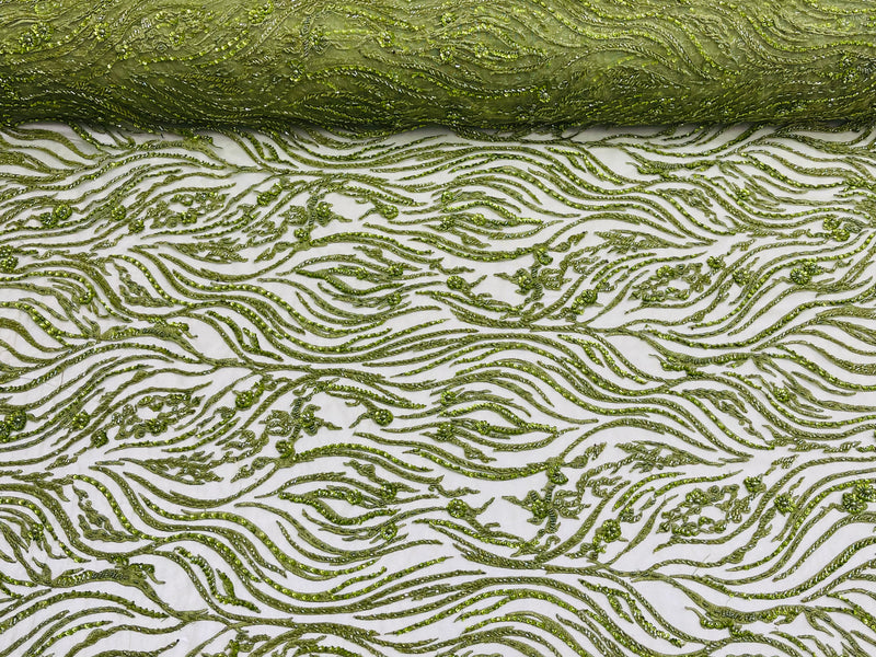 Olive Beaded Fabric - by the yard - Fancy Embroidered Zebra Design with Beads on Mesh Fabric