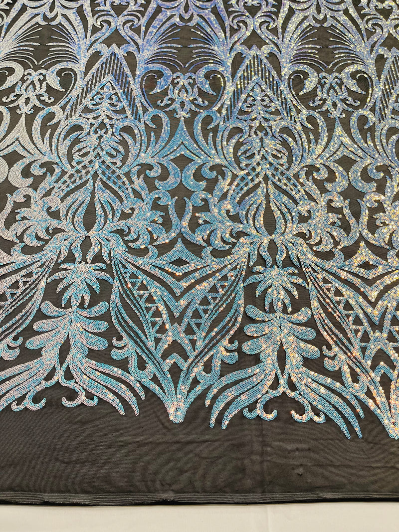 Aqua/Blue Iridescent Sequin Fabric - by the yard - On Mesh 4 Way Stretch, Damask Design Sequins