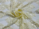 Floral Lace Fabric - Ivory/Cream - Flower Cluster Embroidery Design With Sequins on a Mesh