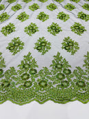 Floral Lace Fabric - Green on Black Mesh - Flower Cluster Embroidery Design With Sequins on a Mesh