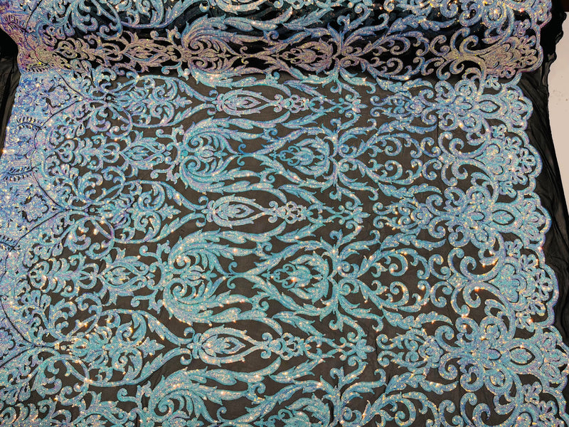 Iridescent aqua/Blue Sequin Fabric On Black Mesh 4 Way Stretch Damask Design By The Yard