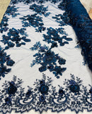 NAVY BLUE Flower 3D Fabric - by the Yard - Embroided Fabric Flower Pearls and Beaded Fabric