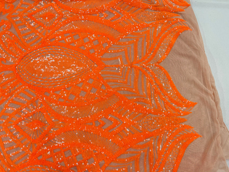 Orange Sequin - 4 Way Stretch Embroidered Royalty Sequins Design Fabric By Yard