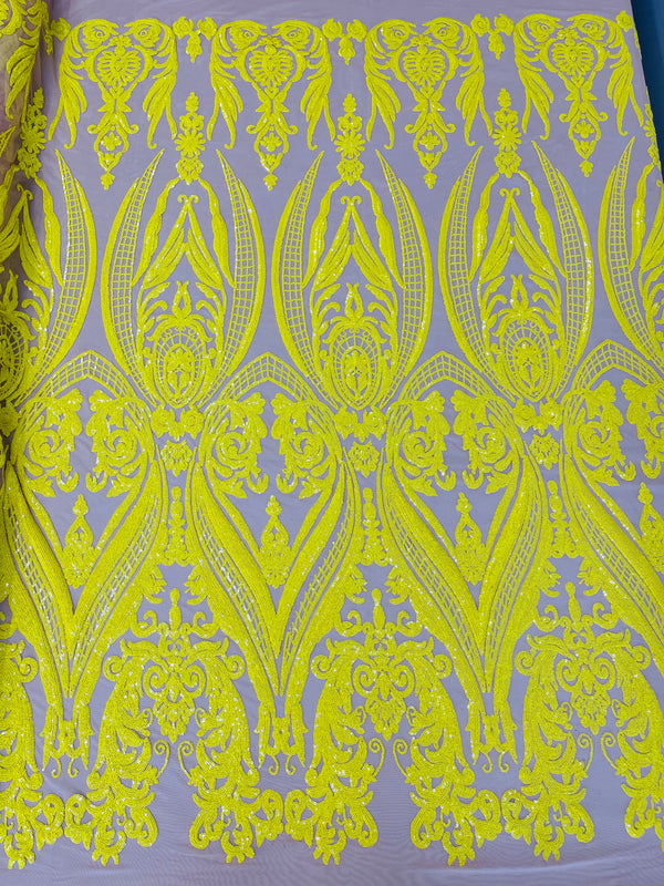 Big Damask Sequins Fabric - Yellow on Nude - 4 Way Stretch Damask Sequins Design Fabric By Yard