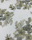 Silver Flower 3D Fabric - by the Yard - Embroided Fabric Flower Pearls and Beaded Fabric