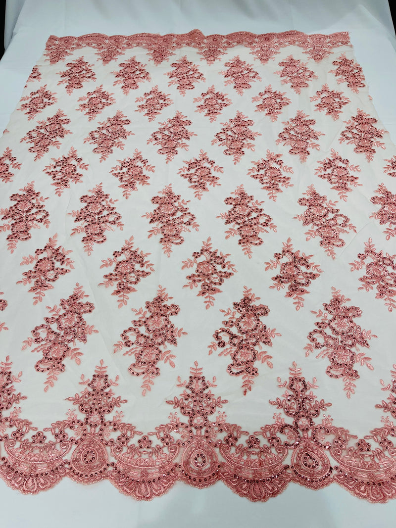Lt Coral Floral Lace Fabric - by the yard - Corded Flower Embroidery Design With Sequins on a Mesh