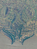 Clear Iridescent Sequin Fabric - 4 Way Stretch Embroidered Royalty Sequins Design Fabric By Yard