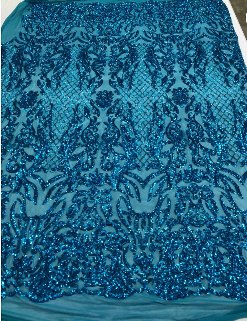 3 Yards Sequins - Turquoise- 4 Way Stretch Fancy Fabric Embroidered On Mesh