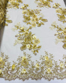 Gold Flower 3D Fabric - by the Yard - Embroided Fabric Flower Pearls and Beaded Fabric