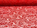 Red Beaded Fabric - by the yard - Fancy Embroidered Zebra Design with Beads on Mesh Fabric