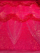 Hot Pink Fringe Sequins - Dangle 4 Way Stretch Fancy Sequins Fabric Sold By The Yard