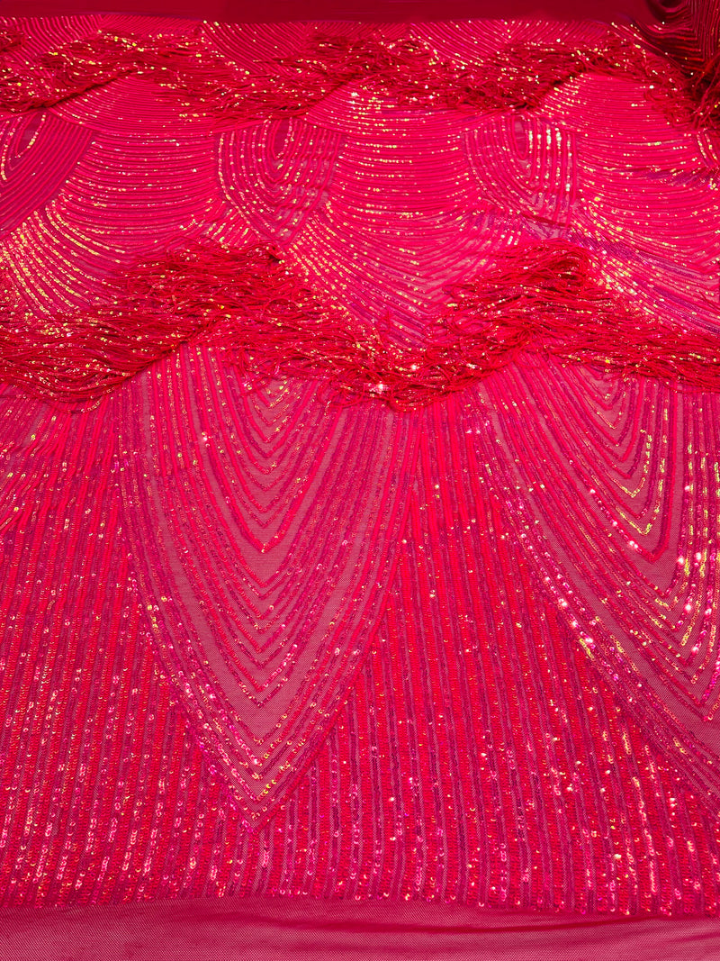 Hot Pink Fringe Sequins - Dangle 4 Way Stretch Fancy Sequins Fabric Sold By The Yard