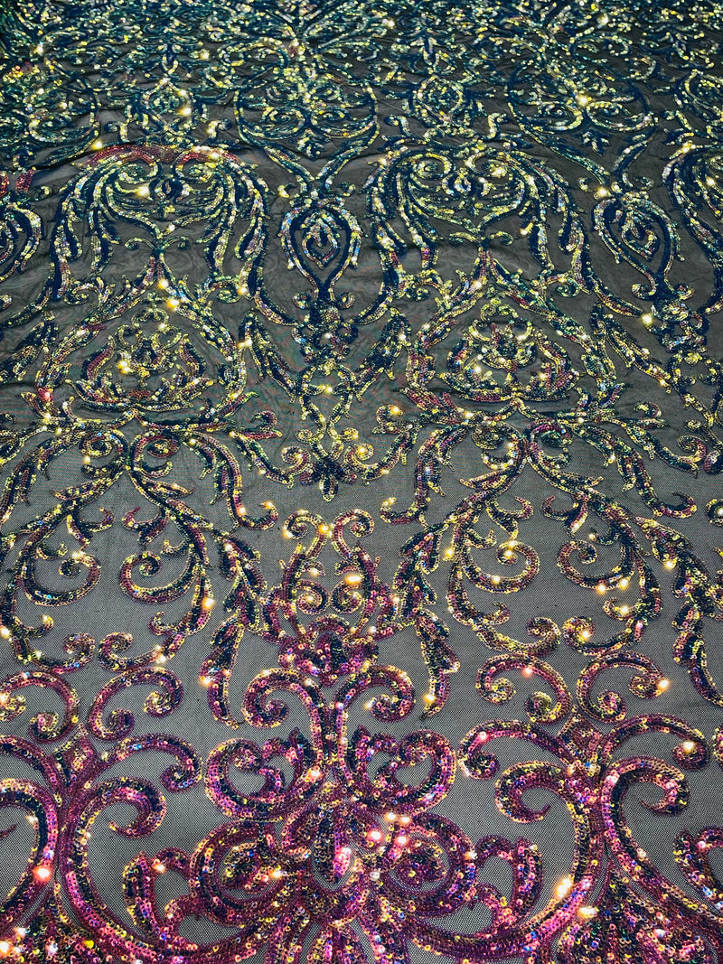 Iridescent Rainbow Sequin Fabric On Black Mesh 4 Way Stretch Damask Design By The Yard
