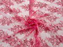 Candy Pink Floral Lace Fabric - by the yard - Corded Flower Embroidery Design With Sequins on a Mesh