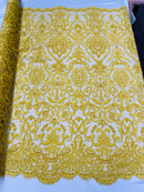 Yellow Bridal Lace Hand Beaded Embroidered Floral Fabric - by the yard - Wedding Beaded Fabric