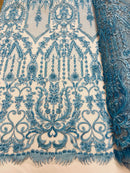 Blue Beaded Damask Fabric - by the yard - Embroidered with Beads and Sequins on Mesh Fabric