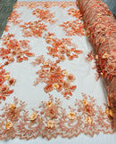 Orange Flower 3D Fabric - by the Yard - Embroided Fabric Flower Pearls and Beaded Fabric