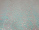BLue/White Iridescent Sequin Fabric, by the yard - White Mesh 4 Way Stretch Aztec Design