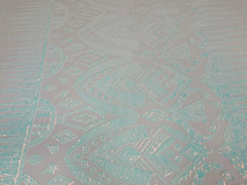 BLue/White Iridescent Sequin Fabric, by the yard - White Mesh 4 Way Stretch Aztec Design