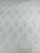 Ivory/off white Floral Lace Fabric by the yard Corded Flower Embroidery Design With Sequins on a Mesh