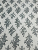 Metallic Silver Floral Lace Fabric by the yard Corded Flower Embroidery Design With Sequins on a Mesh