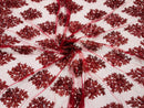 Floral Lace Fabric - Burgundy - Flower Cluster Embroidery Design With Sequins on a Mesh