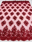 Floral Lace Fabric - Burgundy - Flower Cluster Embroidery Design With Sequins on a Mesh