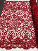 Burgundy Bridal Lace Hand Beaded Embroidered Floral Fabric - by the yard - Wedding Beaded Fabric