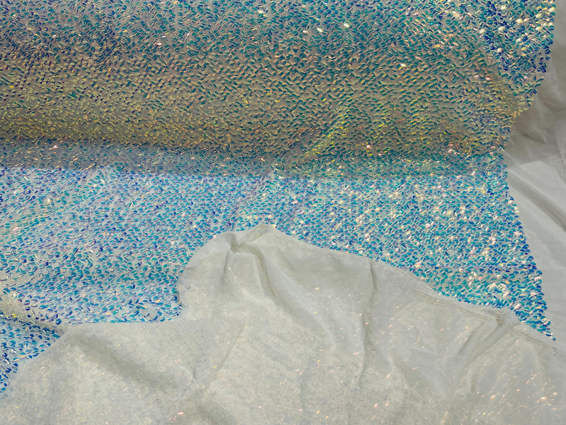 New Iridescent Clear Sequin Fabric Embroidery On White Power Mesh 4Way Stretch Sequins By The Yard