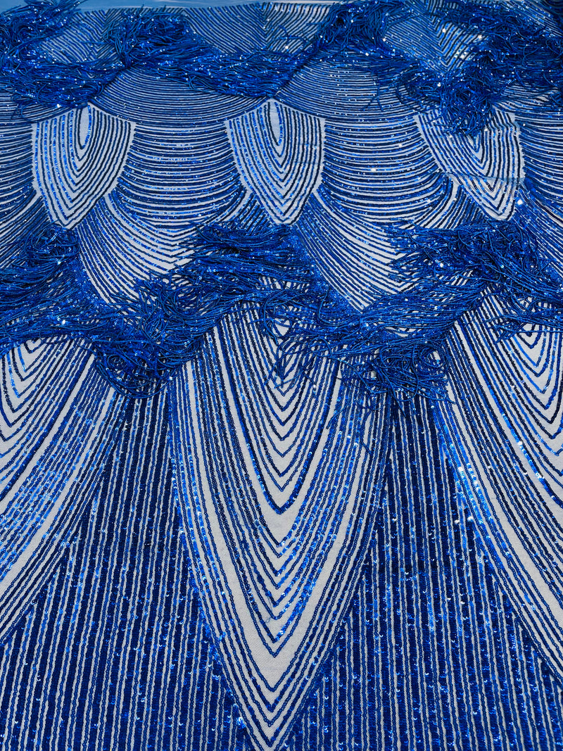 Royal Blue Fringe Sequins - Dangle 4 Way Stretch Fancy Sequins Fabric Sold By The Yard