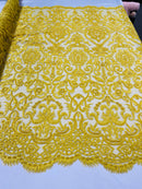 Yellow Bridal Lace Hand Beaded Embroidered Floral Fabric - by the yard - Wedding Beaded Fabric