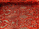 Red Sequins On Black Mesh 4 Way Stretch Damask Design Fabric On Stretch Mesh By The Yard