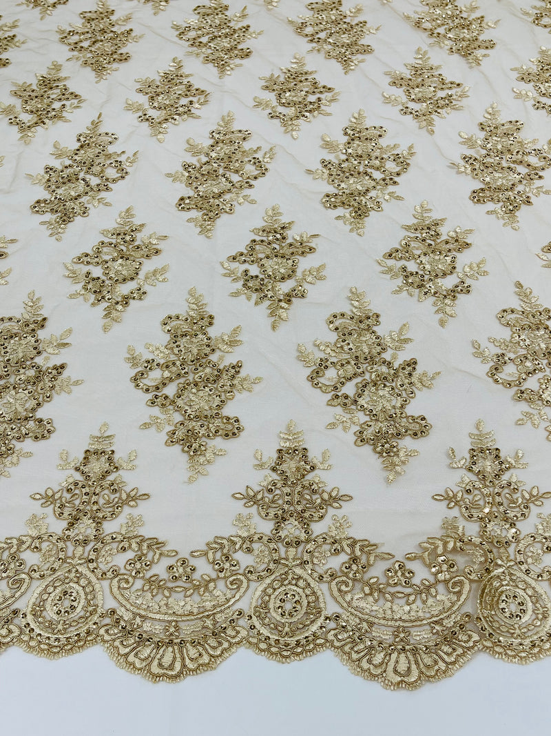 Metallic Gold Floral Lace Fabric by the yard Corded Flower Embroidery Design With Sequins on a Mesh