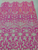 Candy Pink Sequin - 4 Way Stretch Embroidered Royalty Sequins Design Fabric By Yard