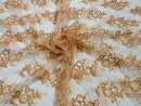 Peach Floral Lace Fabric - by the yard - Corded Flower Embroidery Design With Sequins