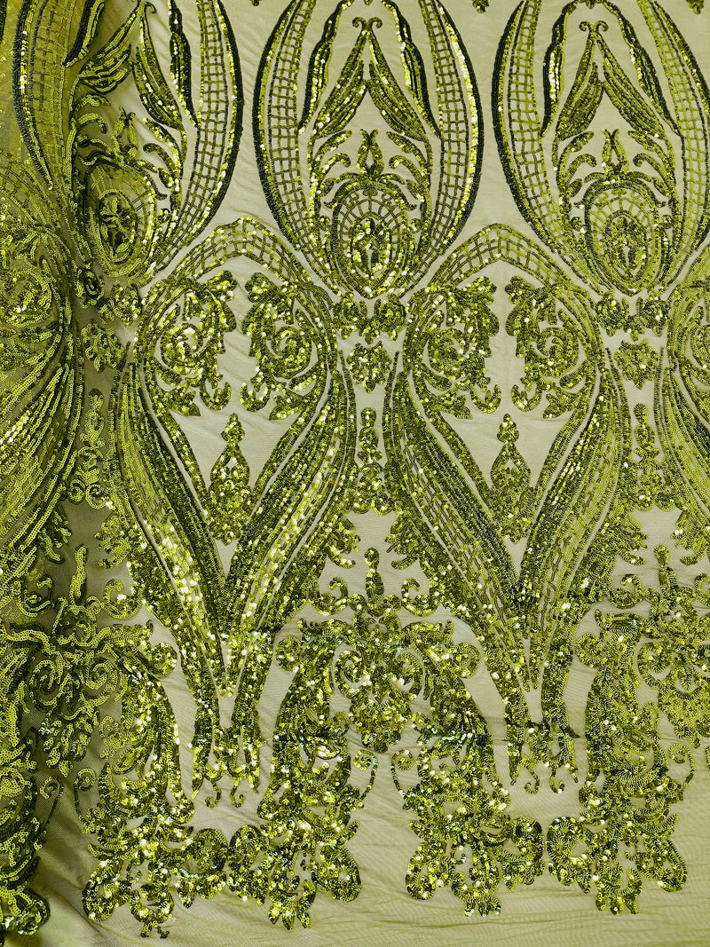 Big Damask Sequins Fabric - Olive Green  - 4 Way Stretch Damask Sequins Design Fabric By Yard