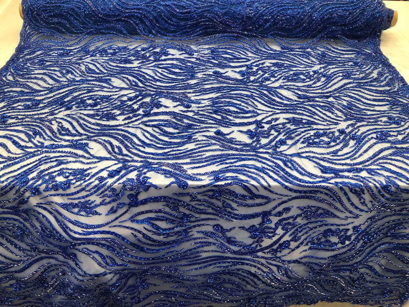 Beaded Lace Fabric - Royal Blue -  Embroidery on Mesh For Bridal Wedding Fancy Dress