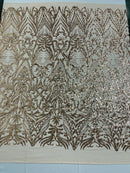 Rose Gold Sequin Fabric - by the yard - On Mesh 4 Way Stretch, Damask Design Sequins