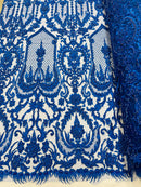 Royal Blue Beaded Damask Fabric - by the yard - Embroidered with Beads and Sequins on Mesh Fabric
