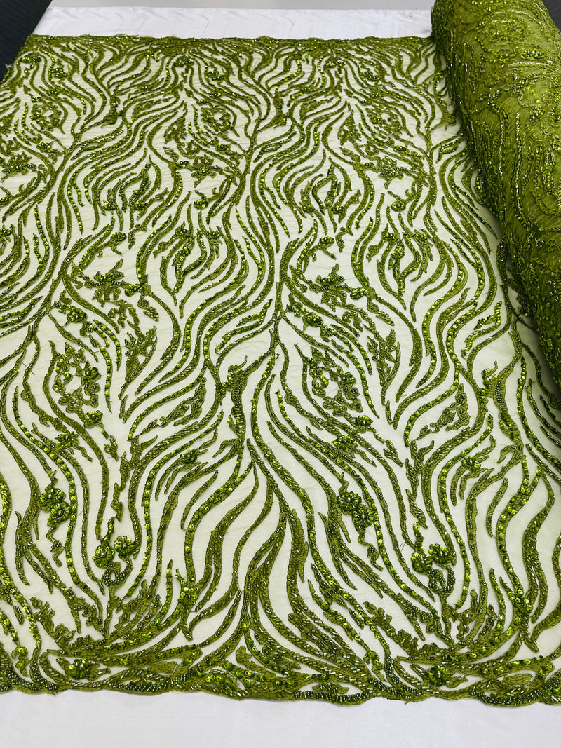 Olive Beaded Fabric - by the yard - Fancy Embroidered Zebra Design with Beads on Mesh Fabric