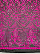 Neón Pink Sequins Fabric On Black Mesh 4 Way Stretch Geometric Design By The Yard