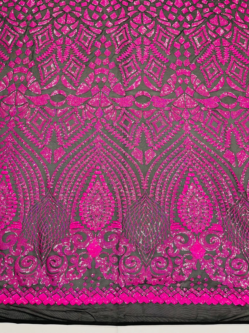 Neón Pink Sequins Fabric On Black Mesh 4 Way Stretch Geometric Design By The Yard
