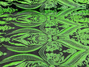 Big Damask Sequins Fabric - Neon Green / Black - 4 Way Stretch Damask Sequins Design Fabric By Yard