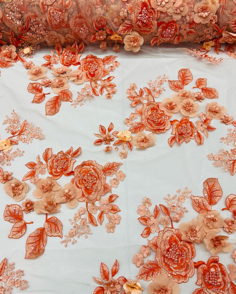 Orange Flower 3D Fabric - by the Yard - Embroided Fabric Flower Pearls and Beaded Fabric